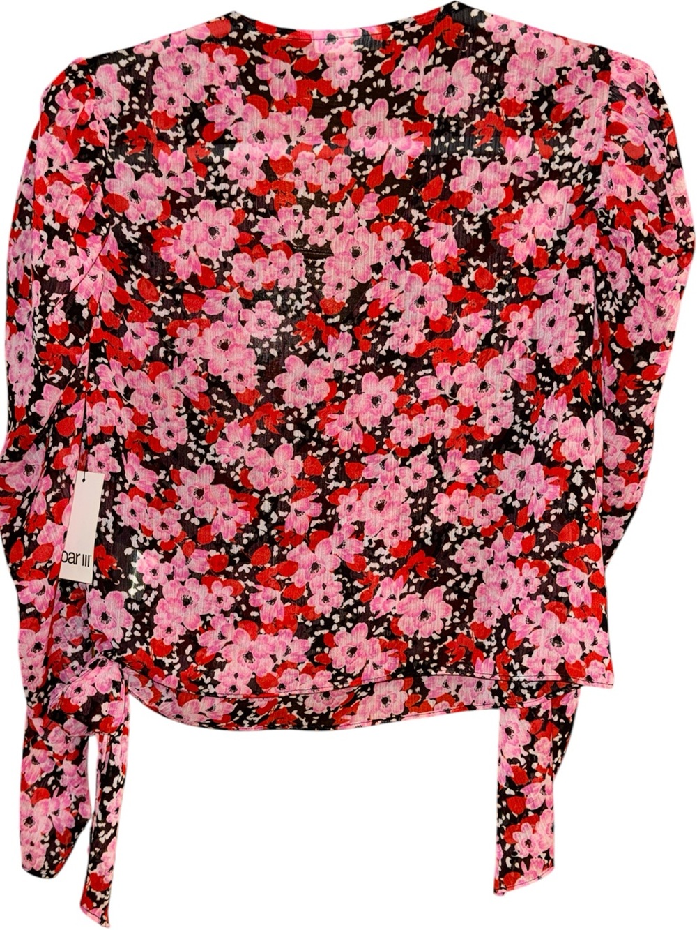 Bar III Pink & Red Floral V-Neck Puff Long Sleeve Blouse Size Medium - Picture 5 of 8